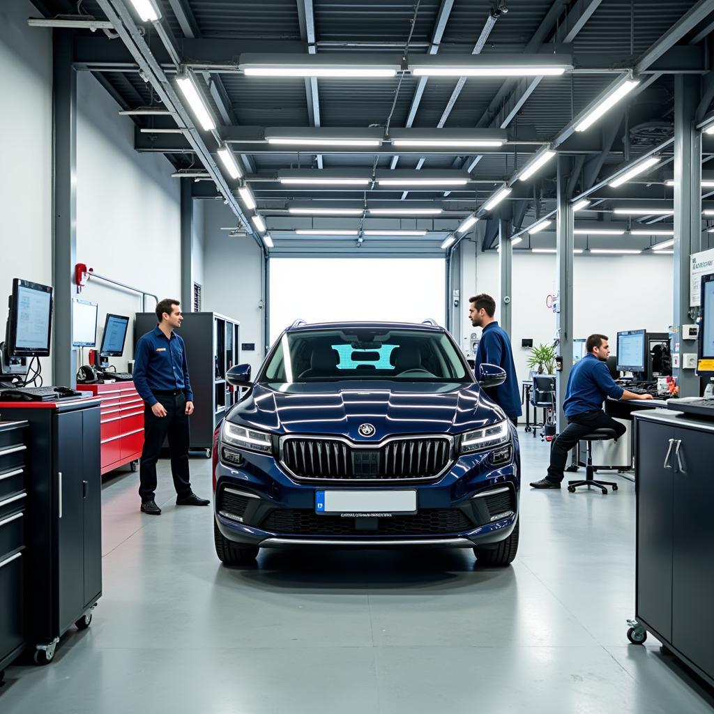 Skoda Keller Werkstatt - Ein Blick in eine moderne Skoda Vertragswerkstatt mit geschultem Personal und Spezialwerkzeugen.