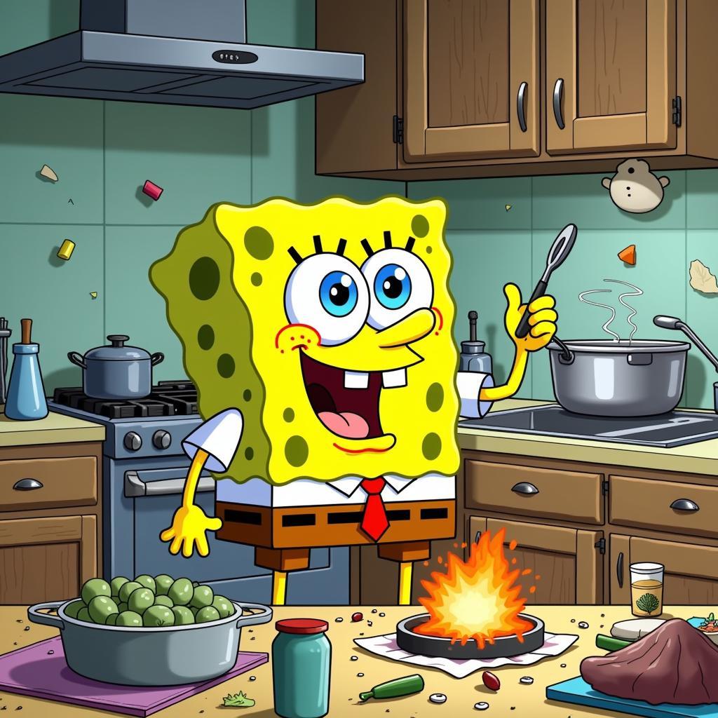 Spongebob beim Kochen, die Küche explodiert.