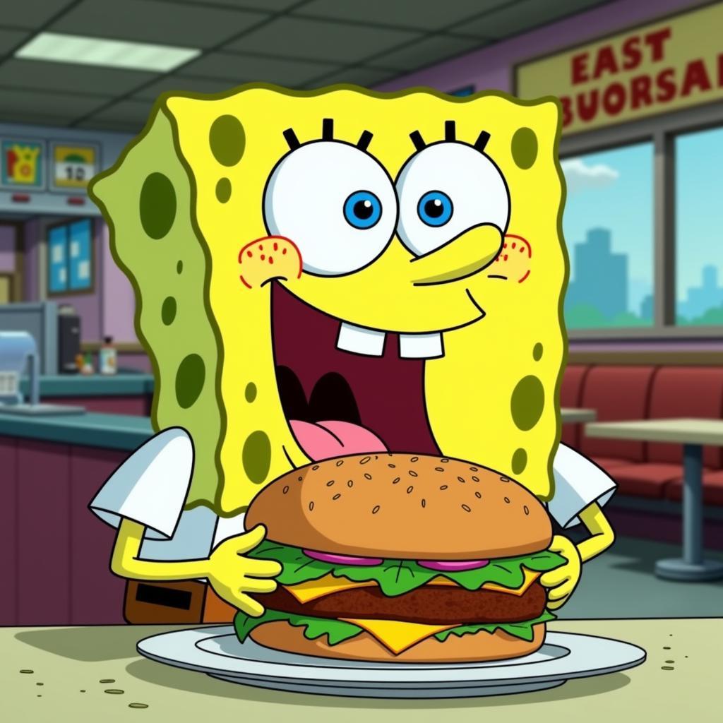 Spongebob genießt einen Krabbenburger in der Krossen Krabbe.