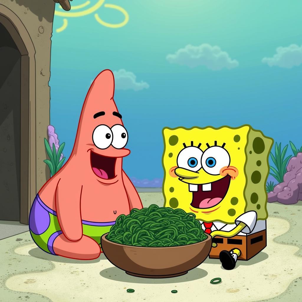 Spongebob isst Seetang mit Patrick.