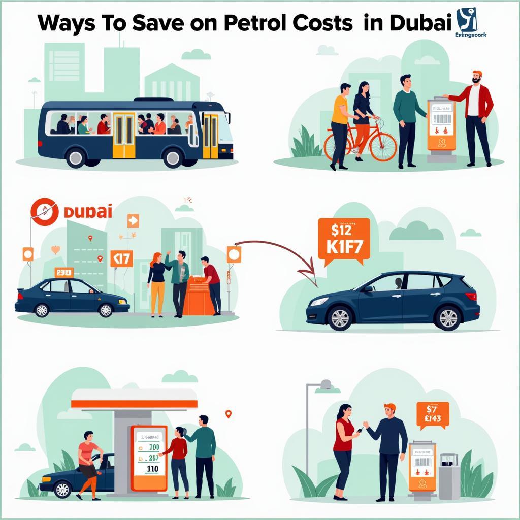 Tipps zum Sparen von Benzin in Dubai, wie z.B. die Nutzung öffentlicher Verkehrsmittel, Fahrgemeinschaften und die Wahl eines sparsamen Autos.