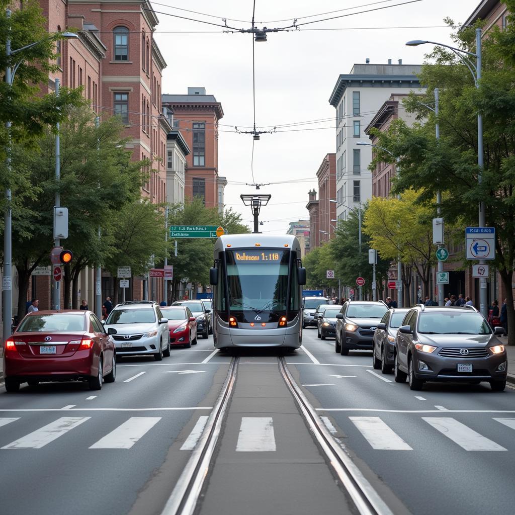 Straßenbahn mit Vorfahrt an einer Kreuzung