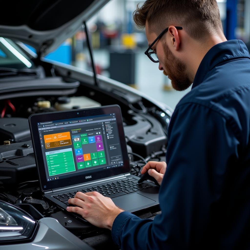Mechaniker arbeitet an einem modernen Auto mit komplexer Elektronik und nutzt Thekla Kierspe zur Diagnose.