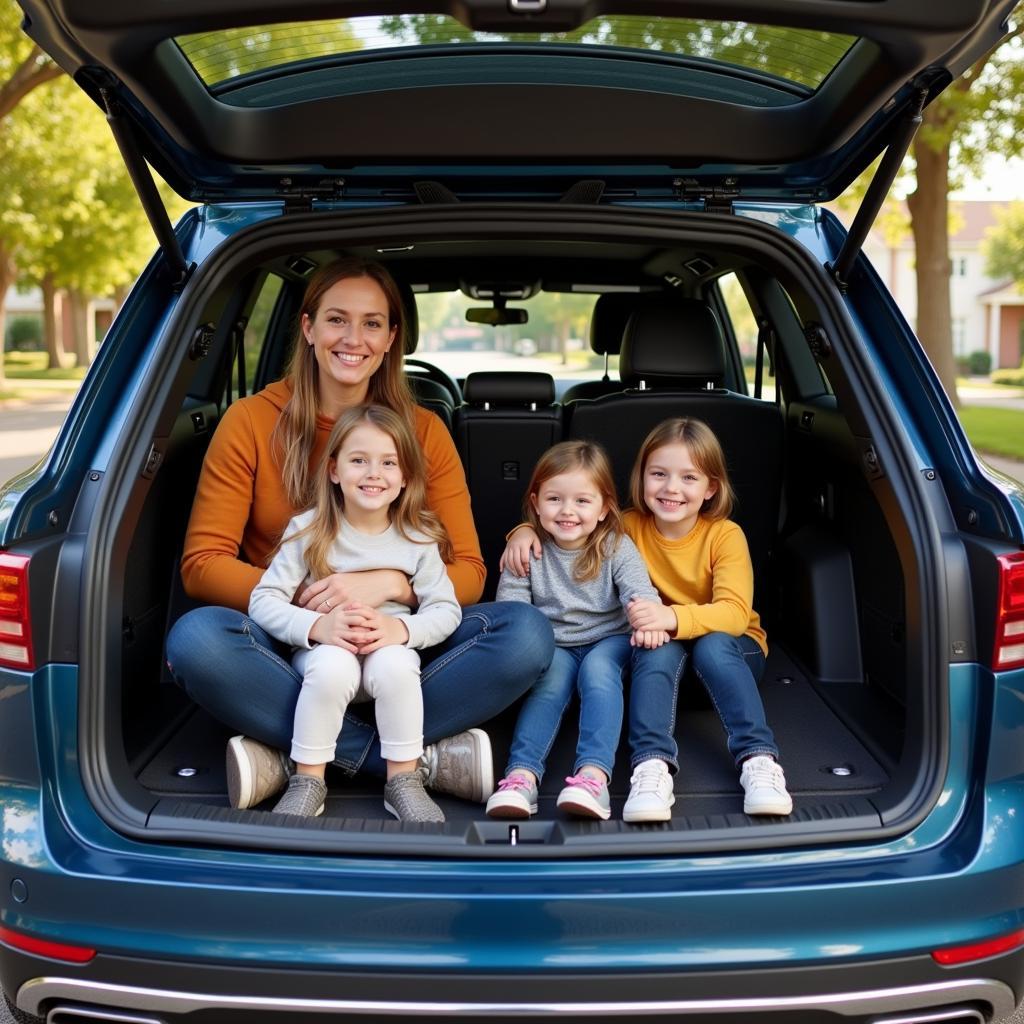 Familie sitzt bequem im geräumigen Innenraum des VW Touareg.