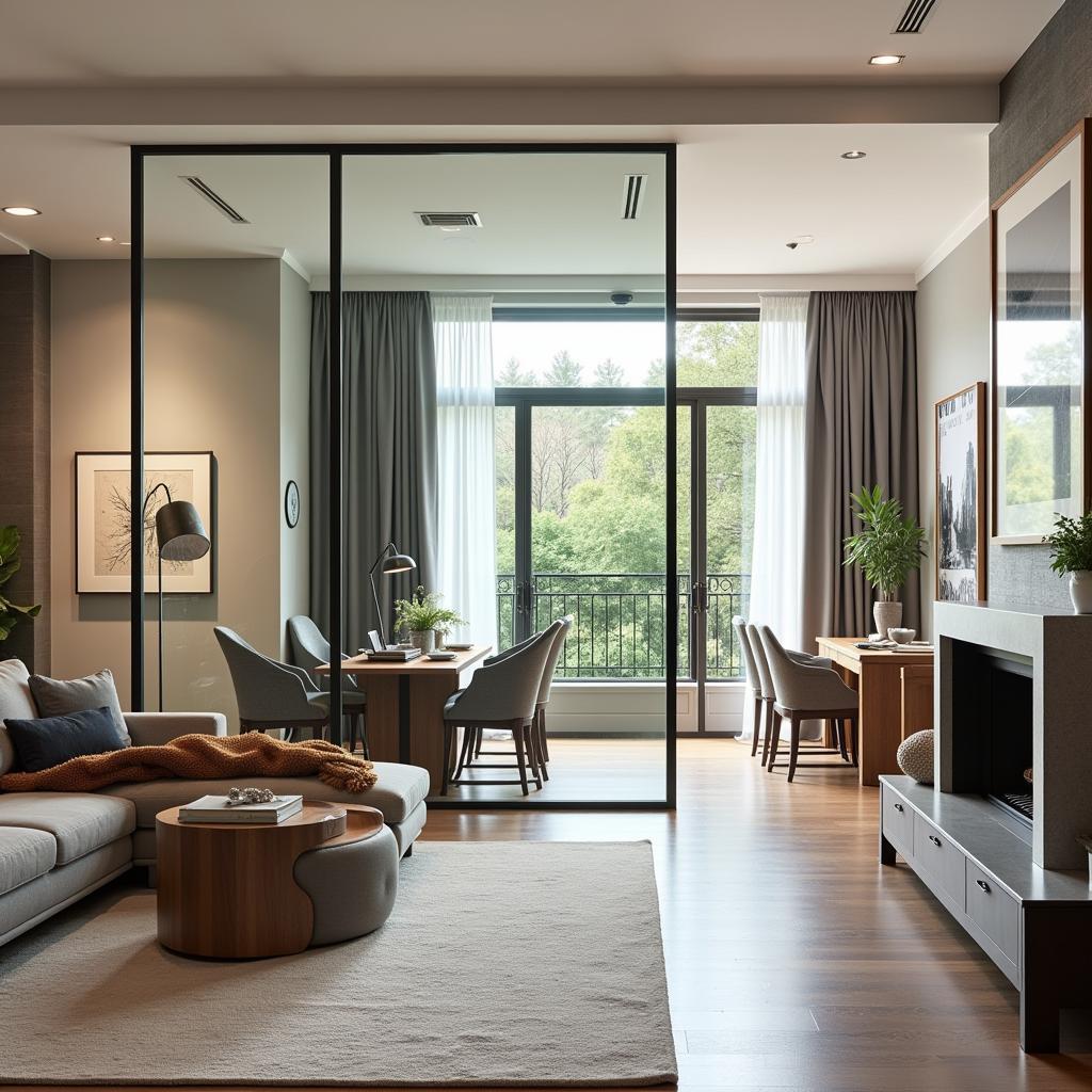 Trennwand mit Fenster im modernen Wohnzimmer