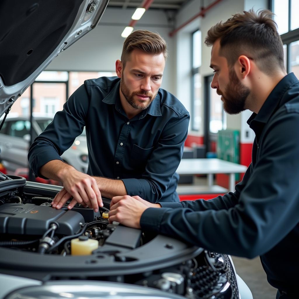 Umgangssprachlich super Autoreparatur: Ein Mechaniker erklärt einem Kunden die Reparatur.