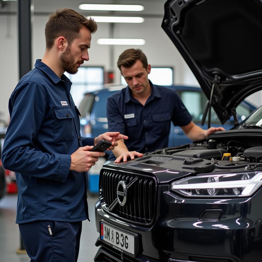 Volvo Experte in Berlin bei Koch: Ein Mechaniker erklärt einem Kunden die Reparatur.