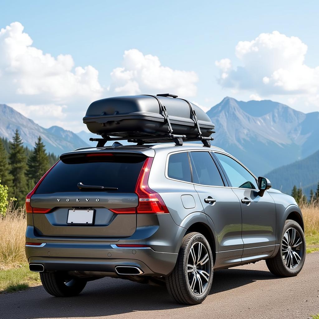 Volvo XC60 mit montiertem Dachträger für den Transport von Gepäck.