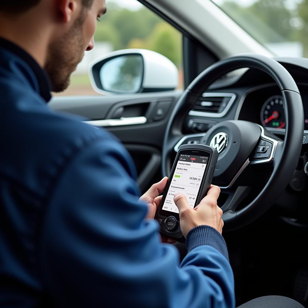 VW Diagnosegerät - Ein Techniker von Ostermaier VW verwendet ein modernes Diagnosegerät an einem Volkswagen.