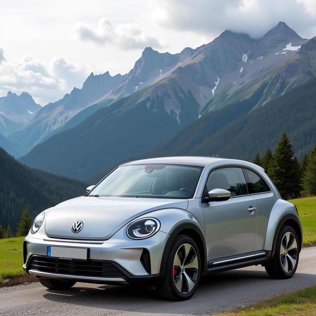 Ein VW ID. Buzz steht vor einer malerischen Berglandschaft.