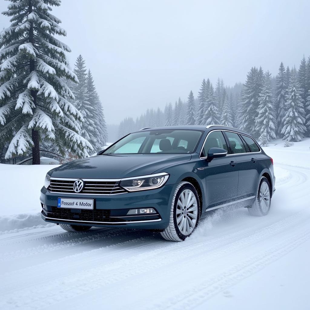 VW Passat 4Motion fährt sicher durch verschneite Landschaft