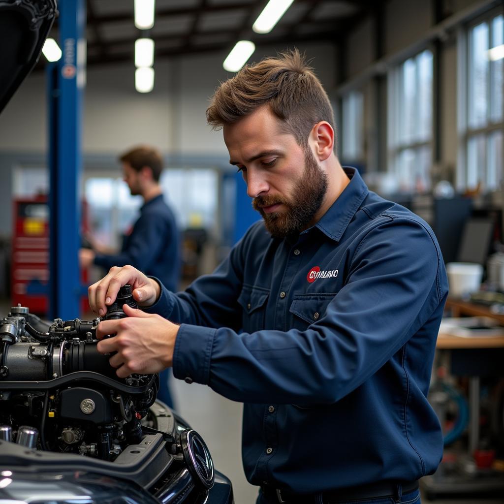 Motorreparatur an einem VW in einer Werkstatt in Wurzen