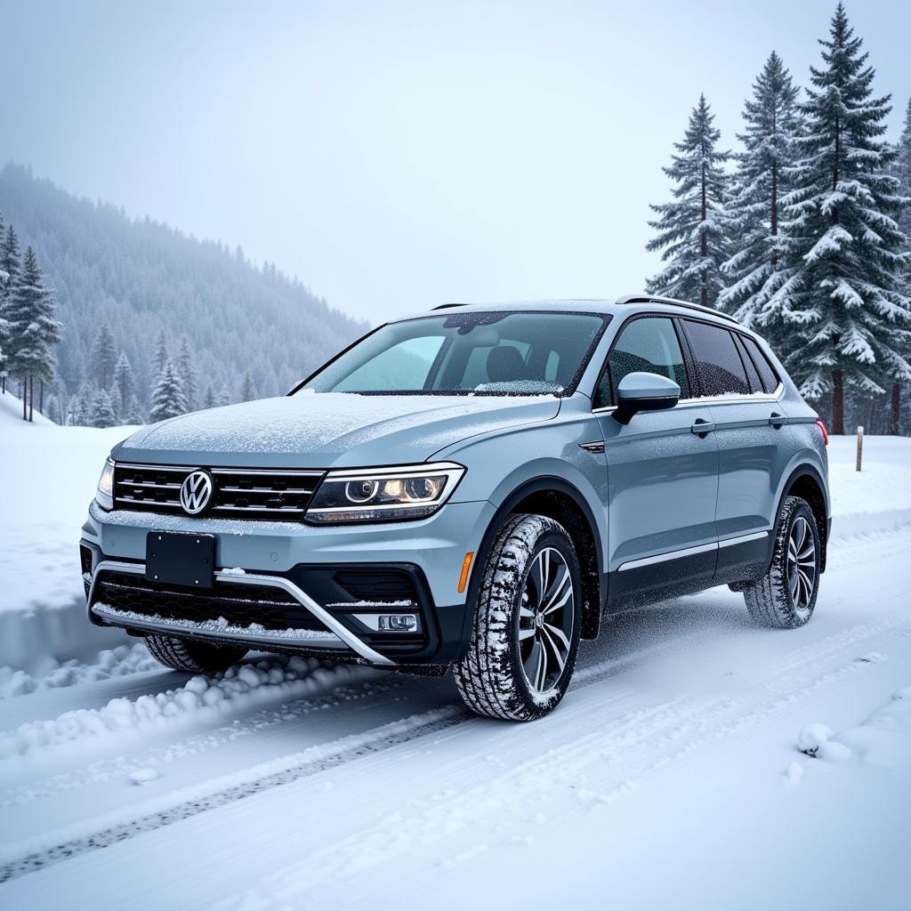 VW Tiguan mit Winterkompletträdern auf verschneiter Straße