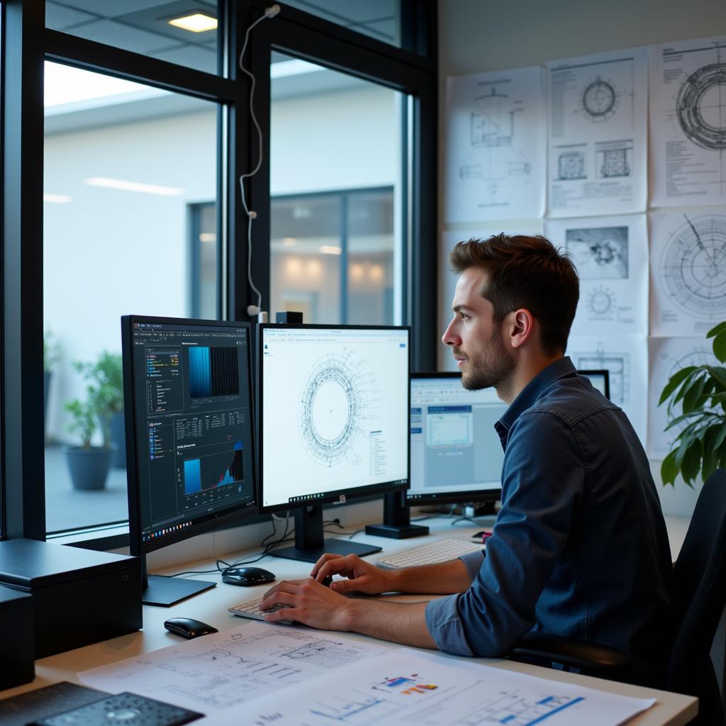 Ein Ingenieur arbeitet an einem Computer in der Entwicklungsabteilung von VWN Hannover