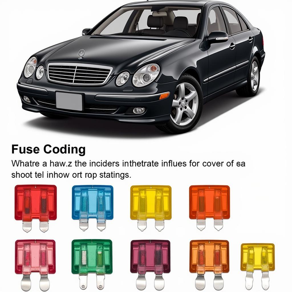 Identifizierung der Sicherungen im Sicherungskasten eines Mercedes W203 anhand der Farbcodierung und des Diagramms.