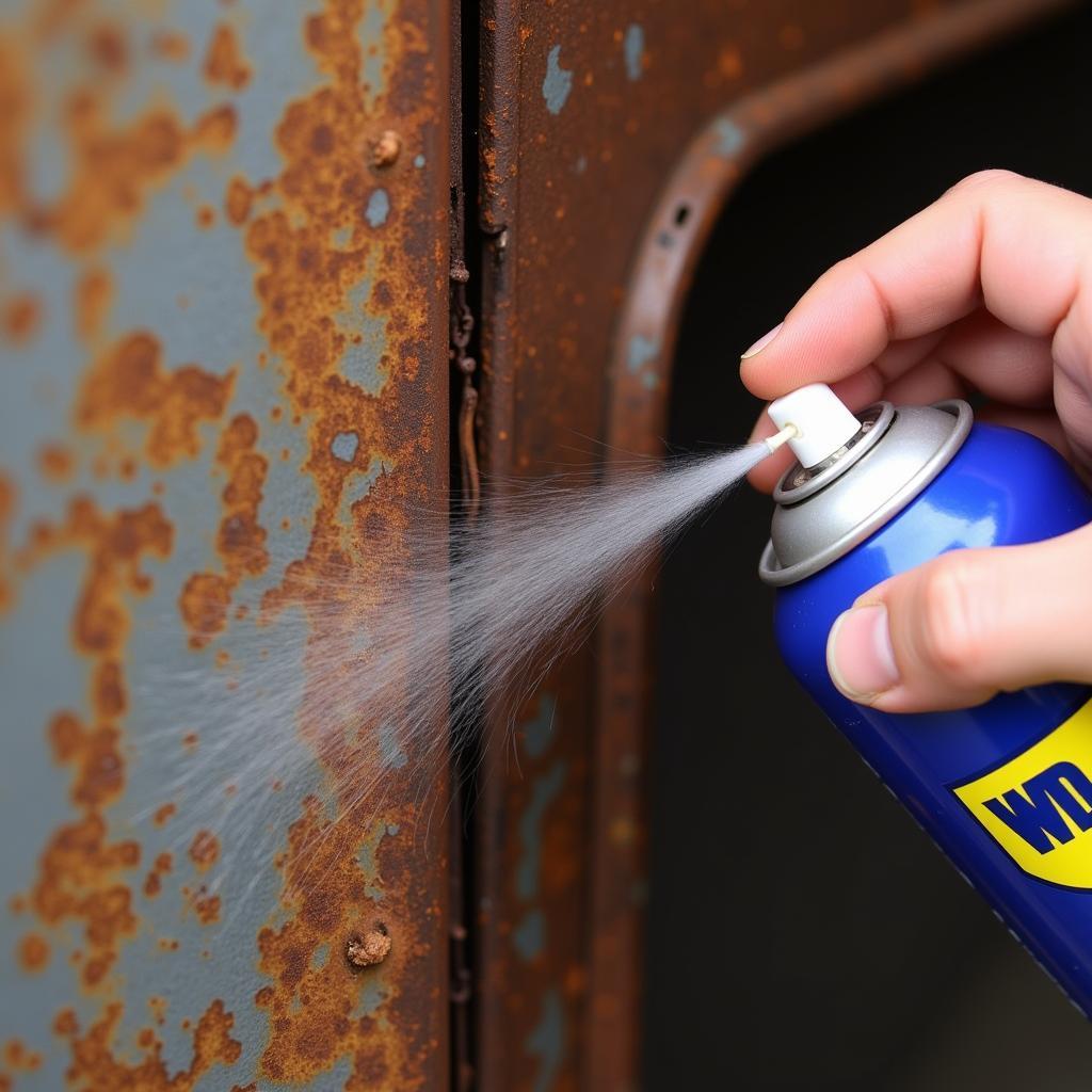 WD-40 wird auf rostiges Metall gesprüht