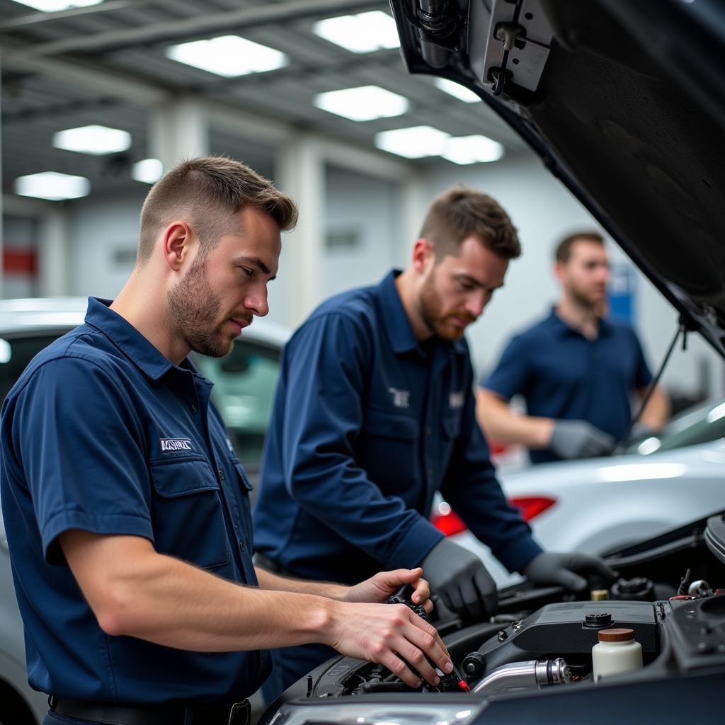 Qualifizierte Mechaniker in einer modernen Autowerkstatt