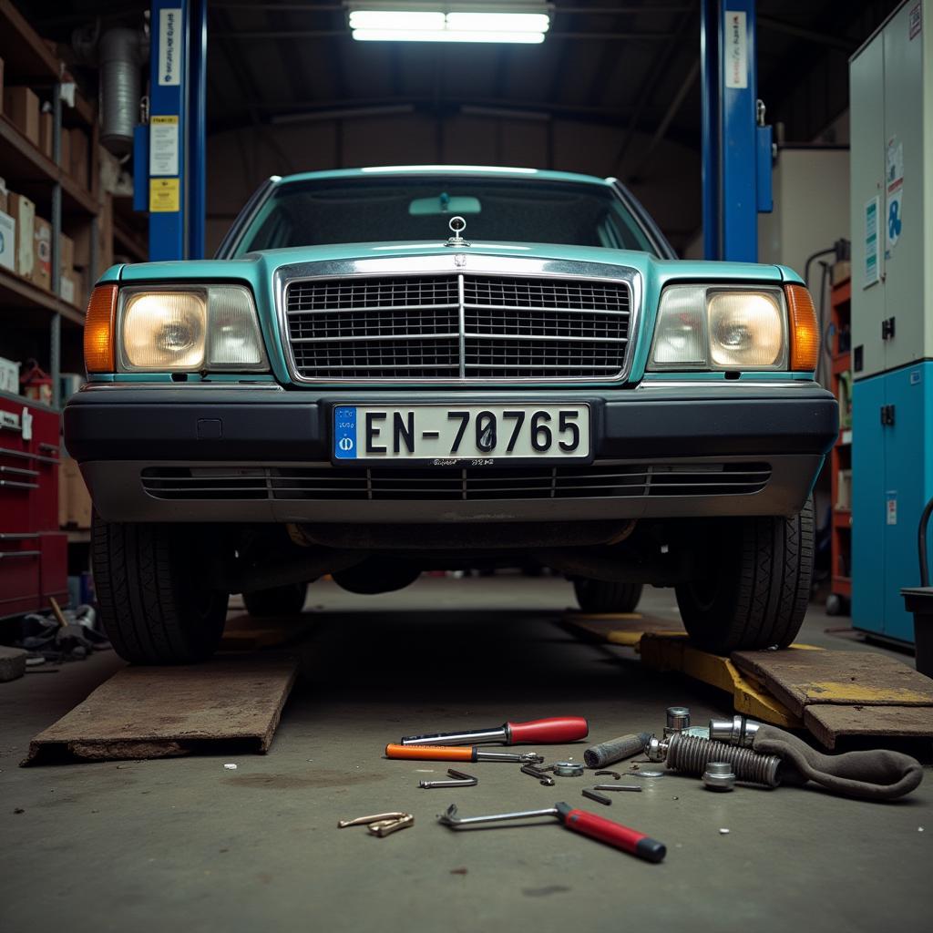 Auto auf Hebebühne in einer Werkstatt ohne Zustimmung repariert