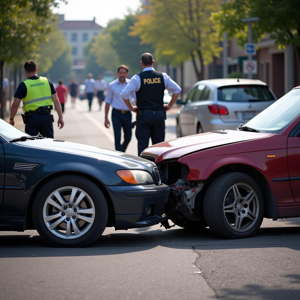 Wichtigkeit Zeugenaussagen Unfall - Zwei Autos nach einem Unfall, Polizei sichert den Unfallort.