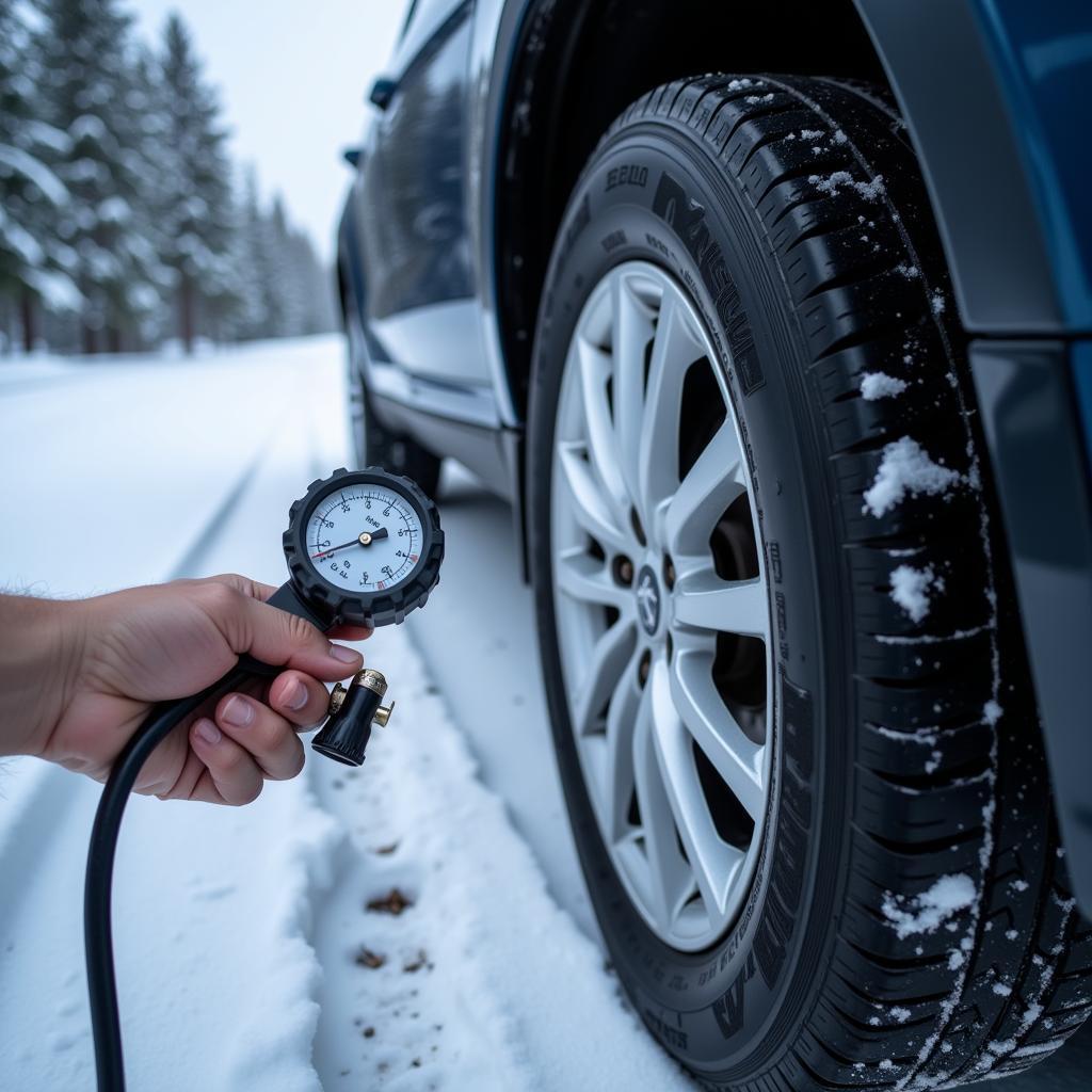 Reifendruckprüfung an Winterreifen