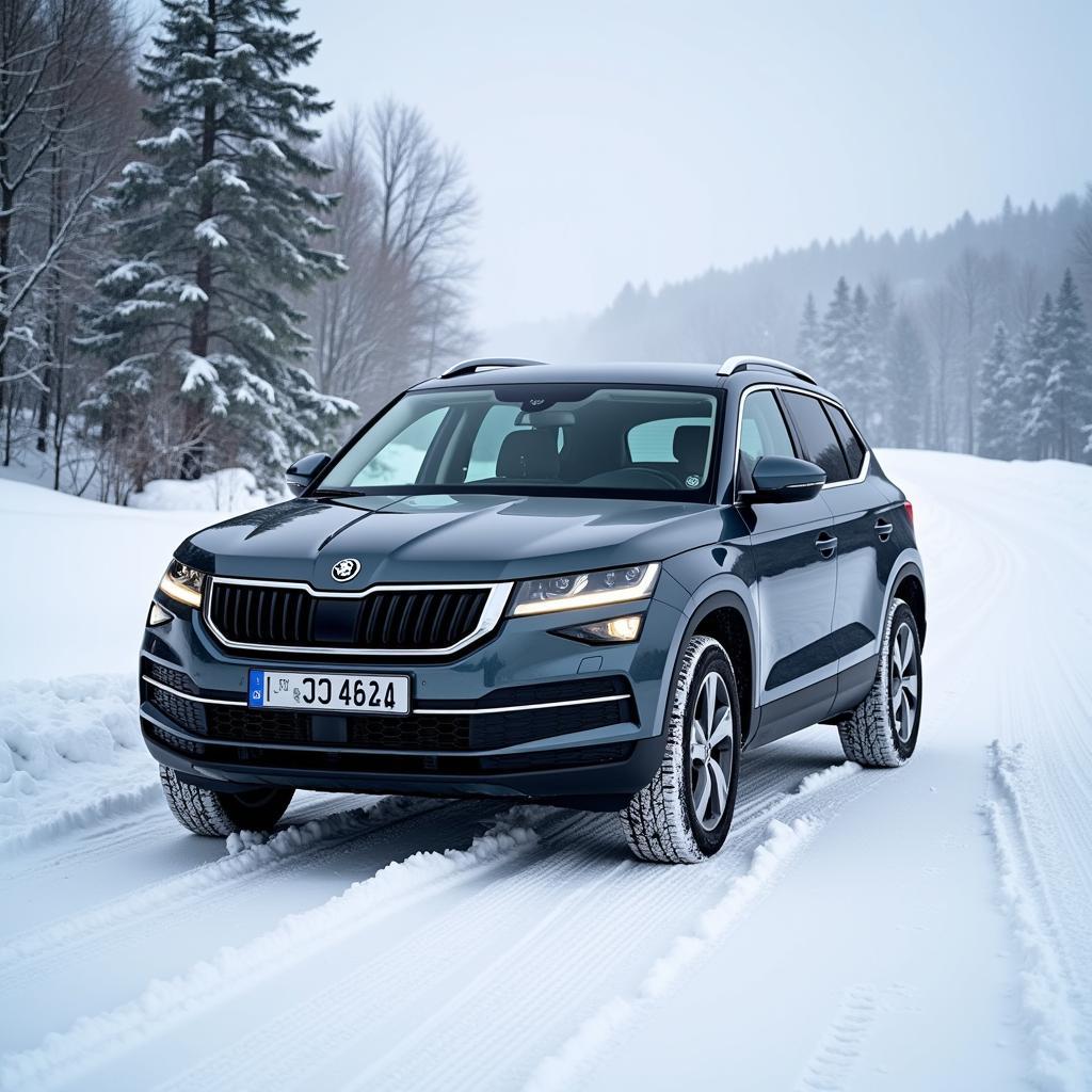 Winterreifen auf einem Skoda Kodiaq im Schnee