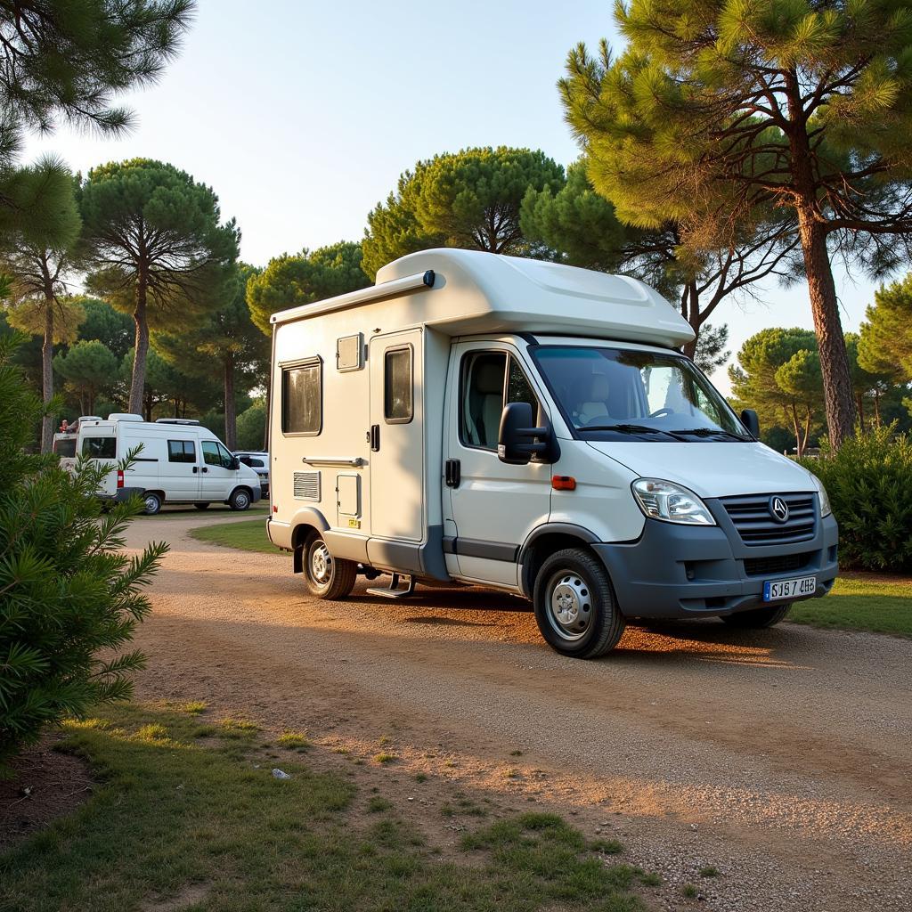 Wohnmobil auf einem Campingplatz in Andalusien im Winter