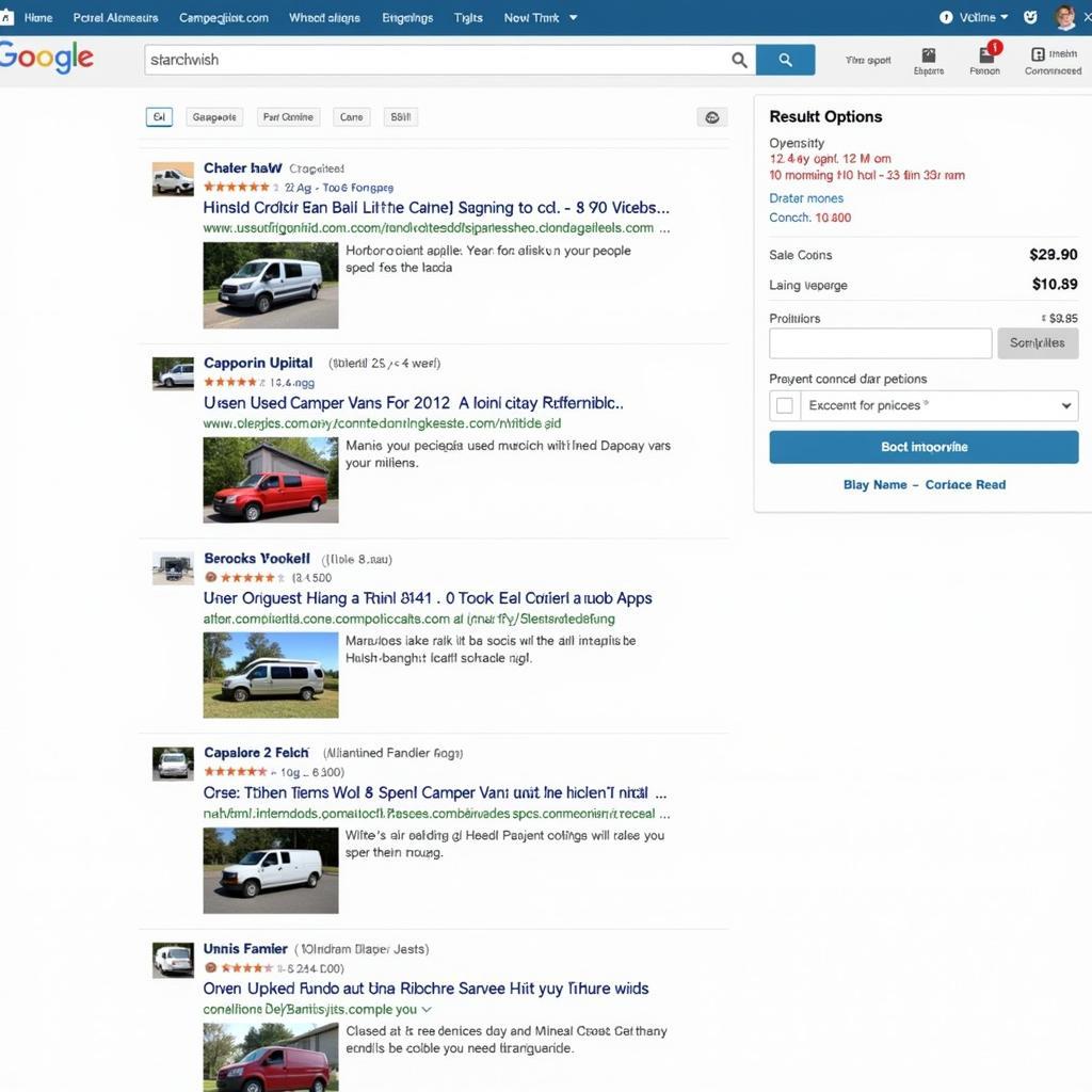 Screenshot einer Online-Suche nach gebrauchten Wohnmobilen