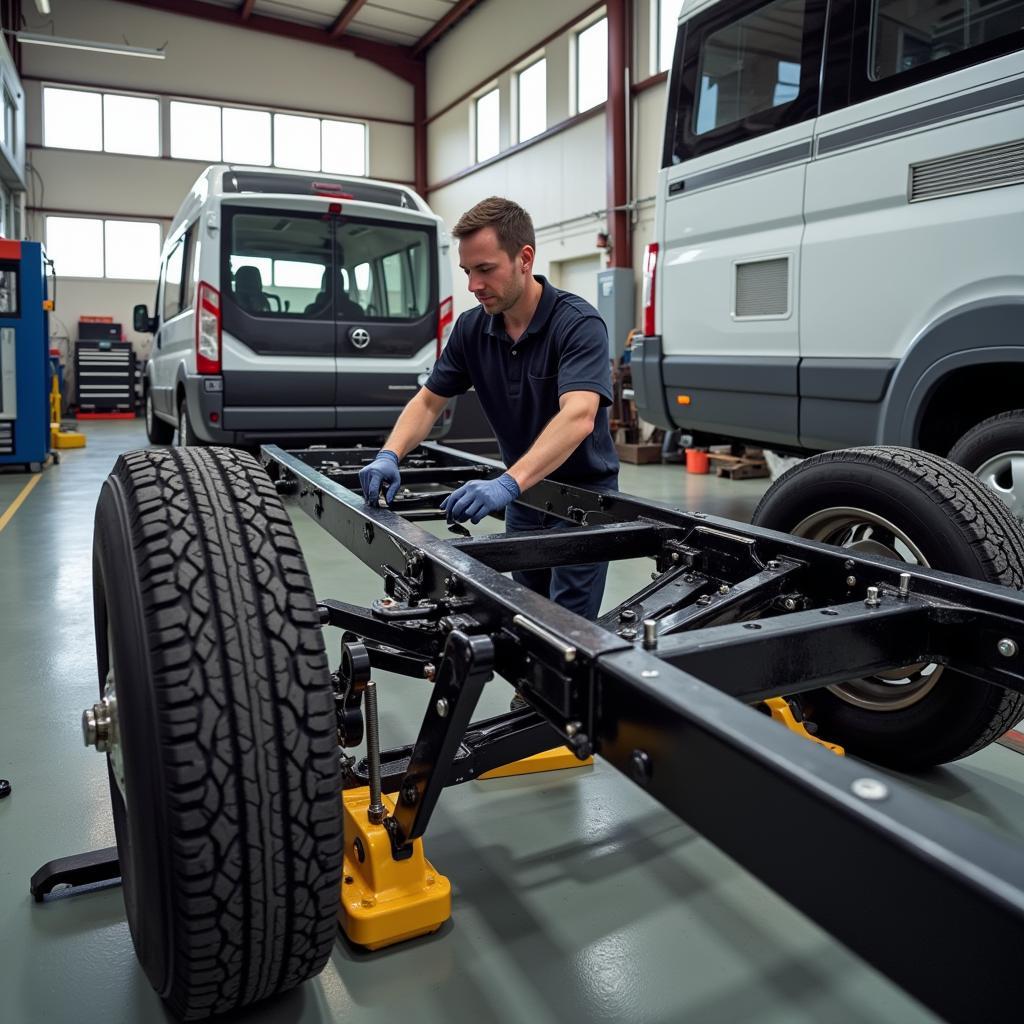 Reparatur eines Wohnwagen-Fahrgestells in einer Fachwerkstatt