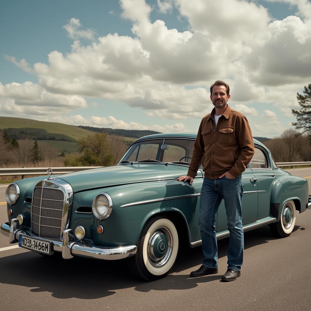 Wolle Kriwanek, der typische Daimler-Fahrer, stolz neben seinem Fahrzeug.