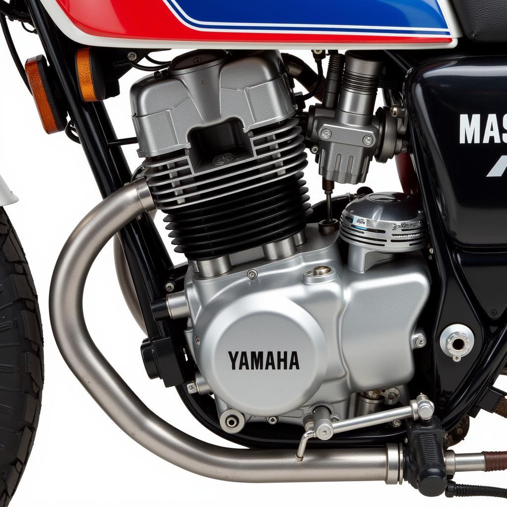 Detailansicht des Yamaha RD 80 Motors: Zylinder, Kolben und Vergaser.