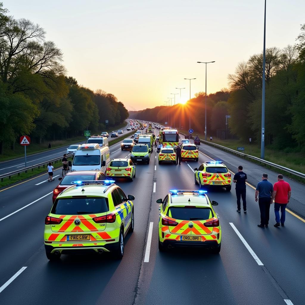 Unfallstelle auf der A20 mit Polizei und Rettungskräften