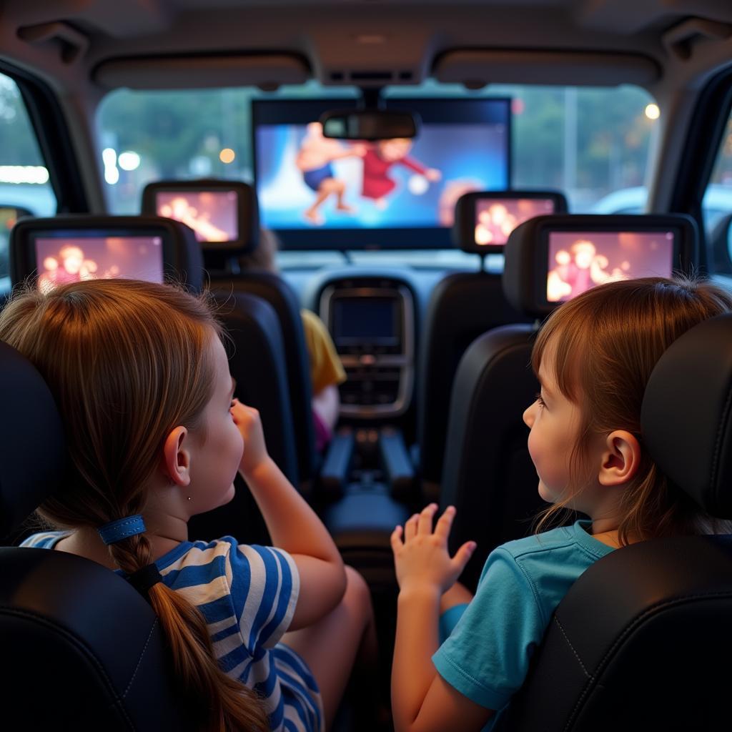 Kinder geniessen Filme im Auto mit Kopfstützen Monitoren
