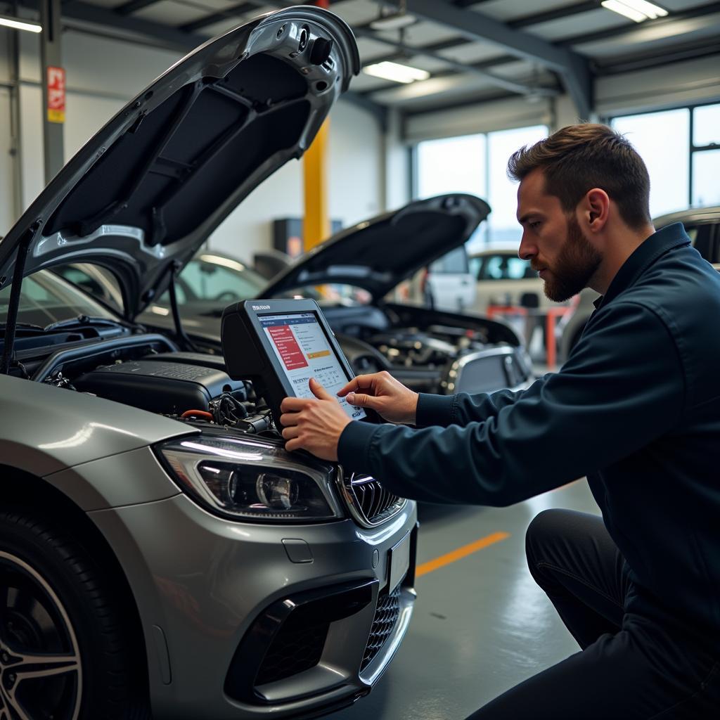 Kompetenter Service im Autohaus Wilhelm Heine: Ein Mechaniker untersucht ein Auto mit modernster Diagnosetechnik.