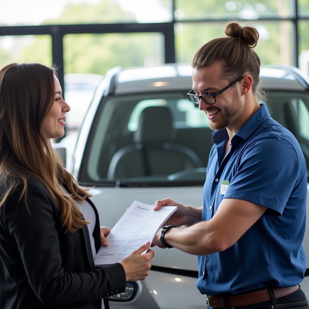 Kundenberatung im Autohaus: Ein freundlicher Mitarbeiter berät einen Kunden bei der Auswahl eines neuen Autos.