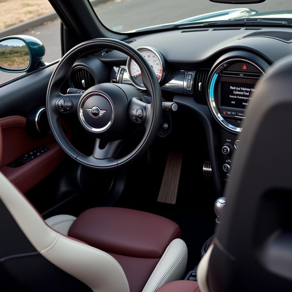 Innenraum des Mini Roadster Cabrio mit Fokus auf das Armaturenbrett und die Sitze.