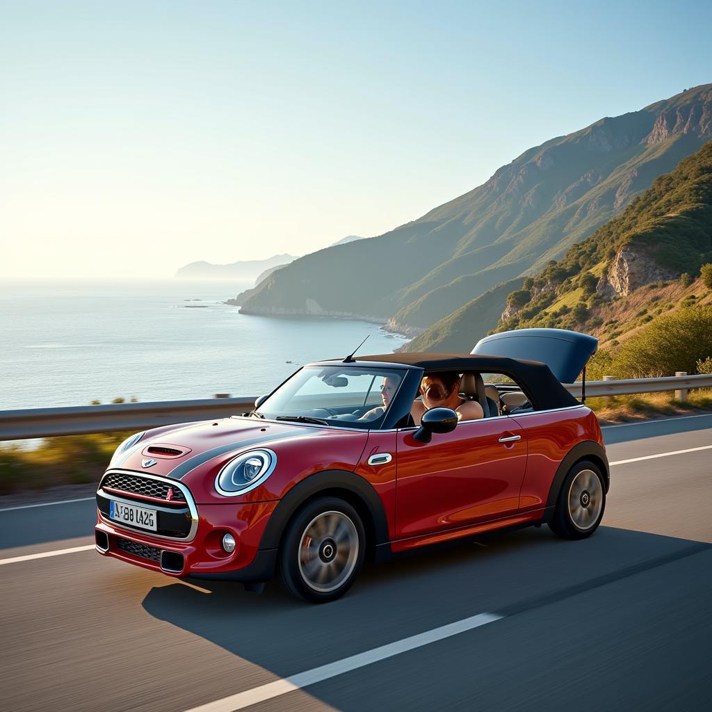 Mini Roadster Cabrio mit geöffnetem Verdeck auf einer malerischen Straße.