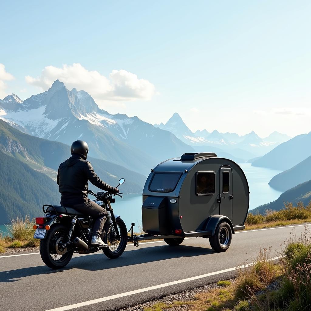 Motorrad Wohnwagen Knaus auf der Straße