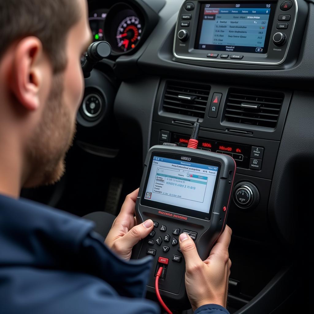 Mechaniker verwendet OBD-Scanner zur Fahrzeugdiagnose