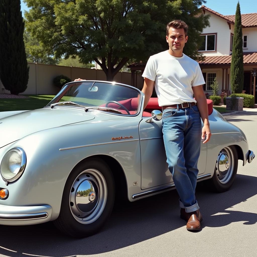 James Dean posiert neben seinem Porsche 356 Speedster, kurz bevor er zur tödlichen Rennstrecke aufbrach.