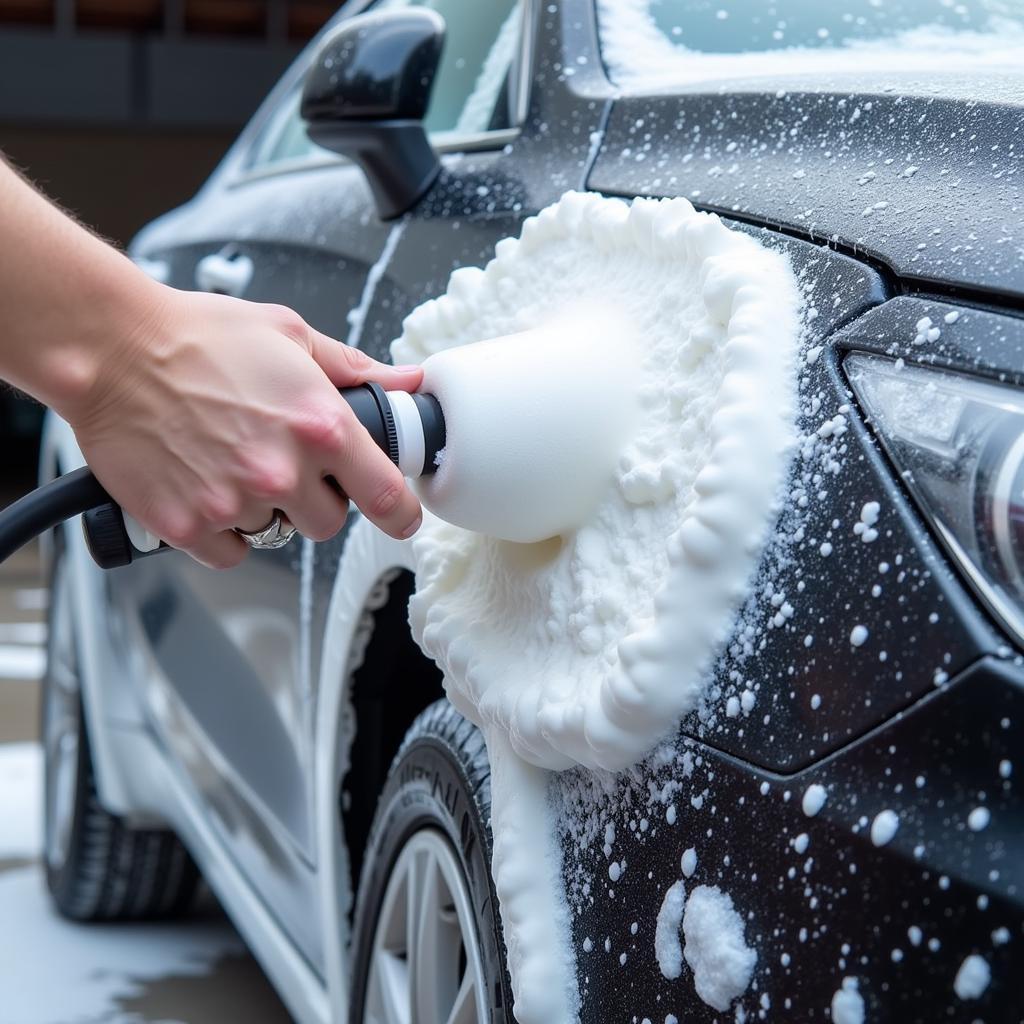 Anwendung von Reinigungsschaum am Auto