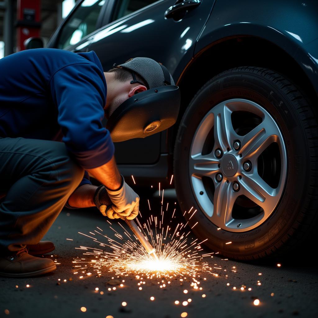 Reparatur eines Schalldämpfers durch Schweißen