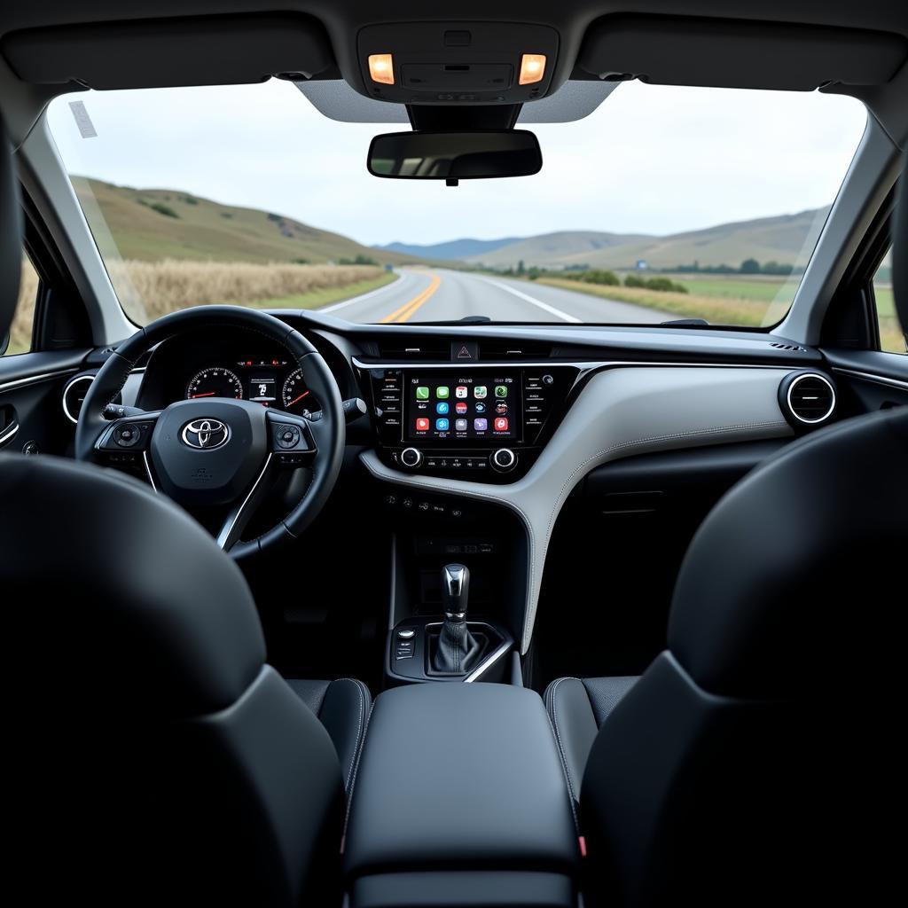 Innenansicht des Toyota CHR mit Fokus auf das Armaturenbrett und die Infotainment-Systeme.