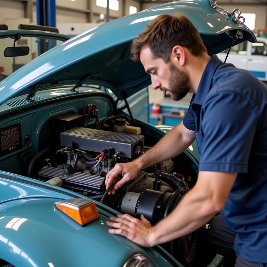 Mechaniker prüft den Motor eines gebrauchten VW Käfer Cabrio.